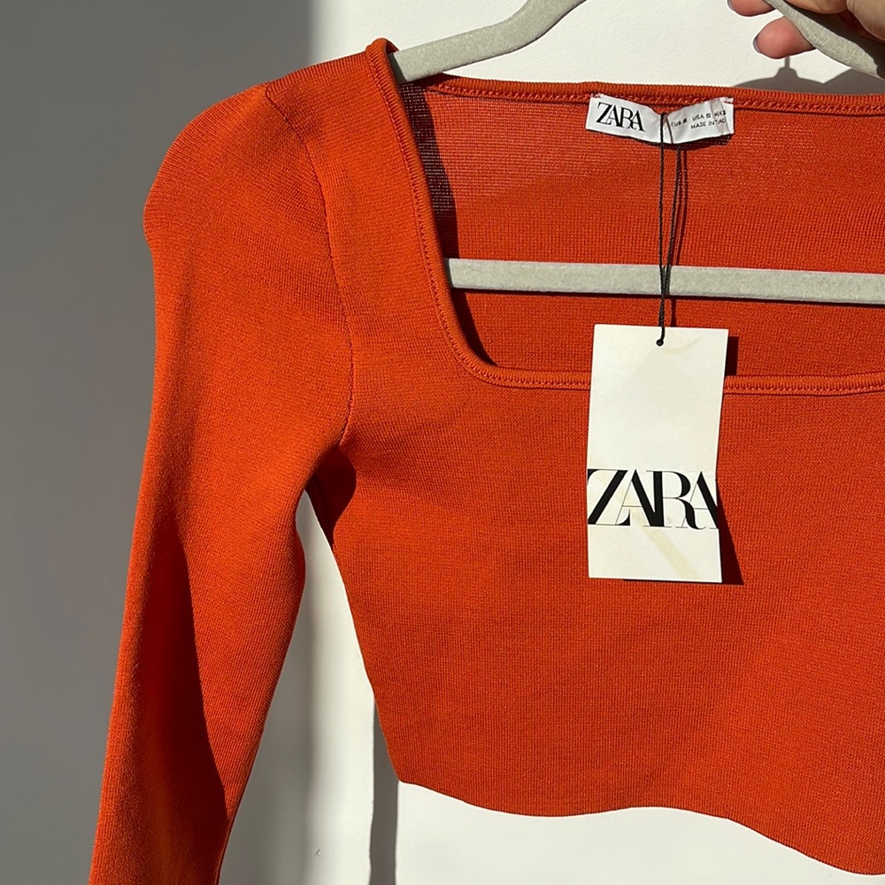 Orange Red Zara square neck crop top
